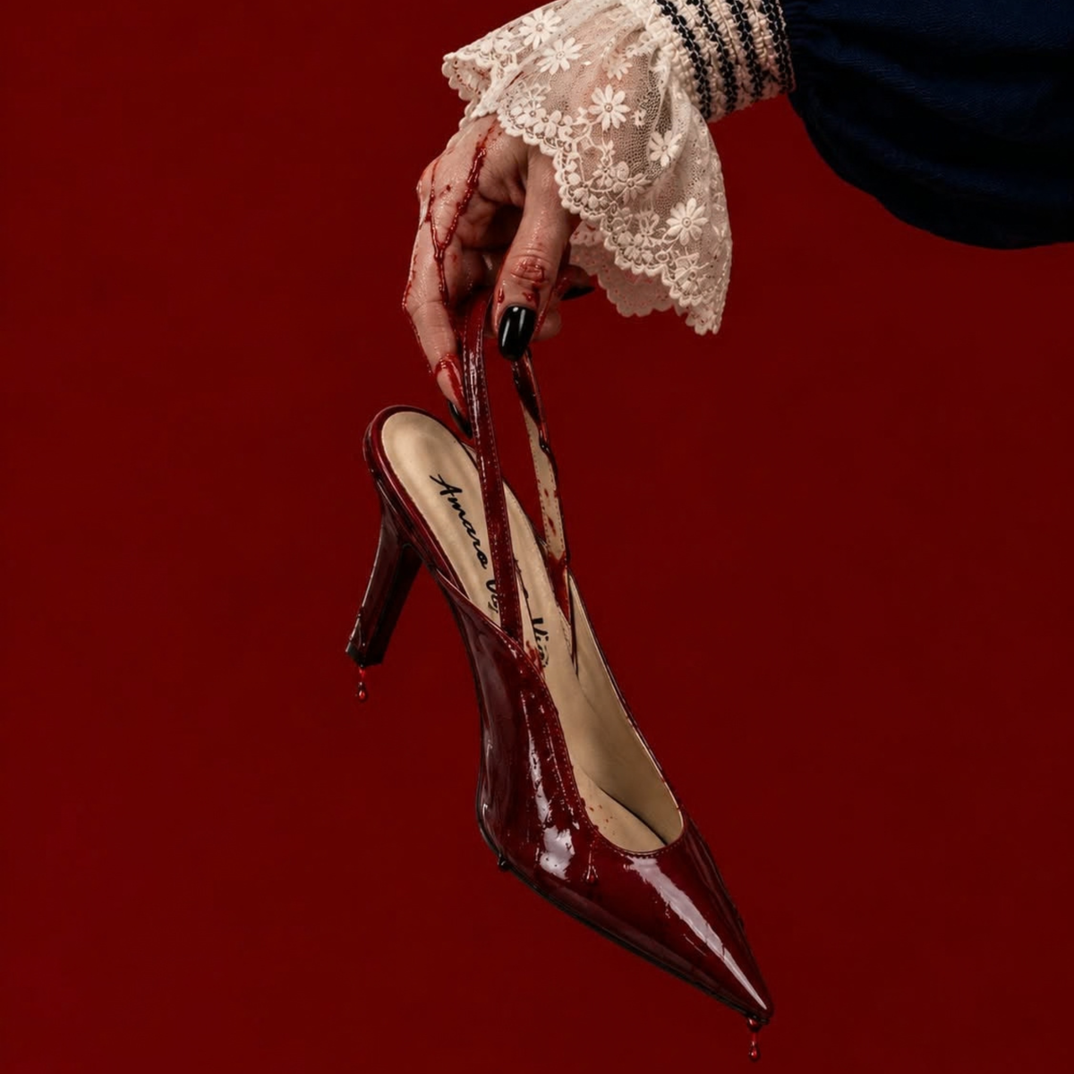 Zapatilla de tacón Amaro Vignelli sostenida sobre un fondo rojo